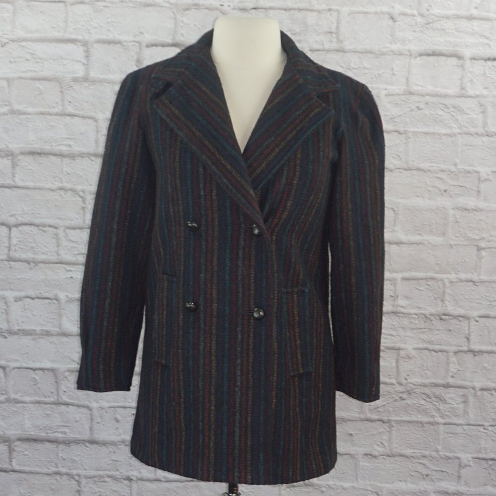 Vintage 70s Rainbow Vertical Striped Wool Pea Coat Small